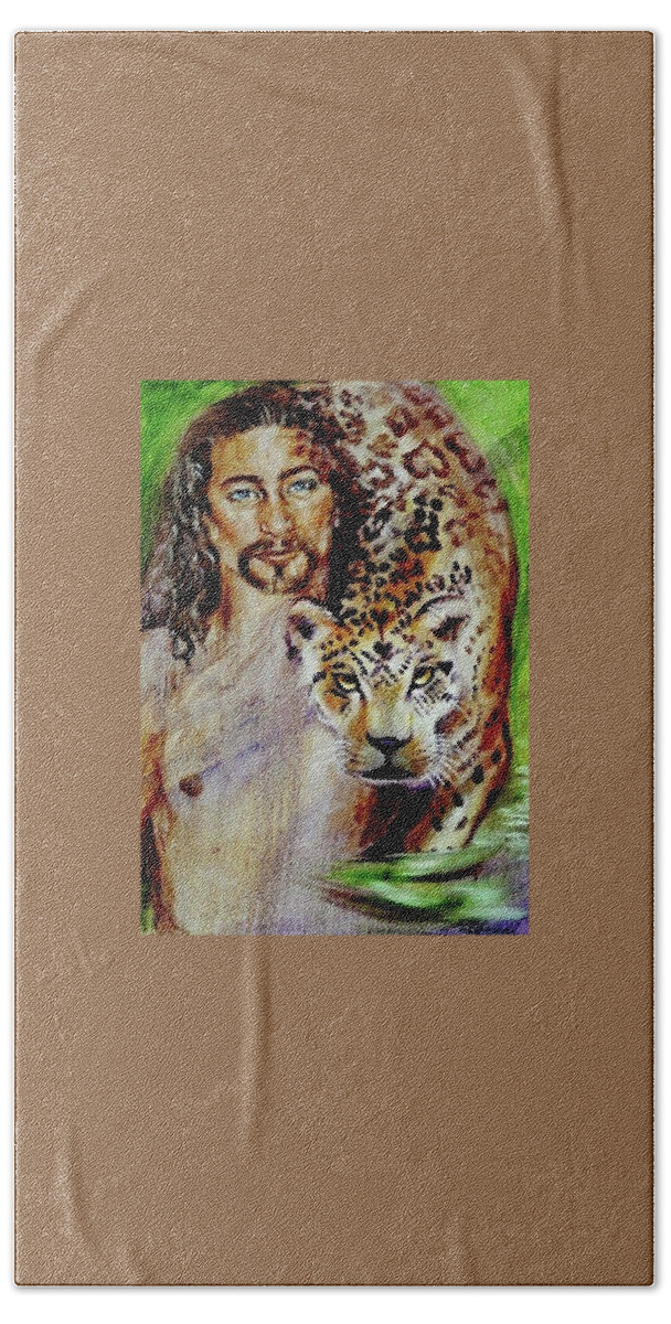 Mask Hand Towel featuring the painting Leopard Instinct by Sofanya White