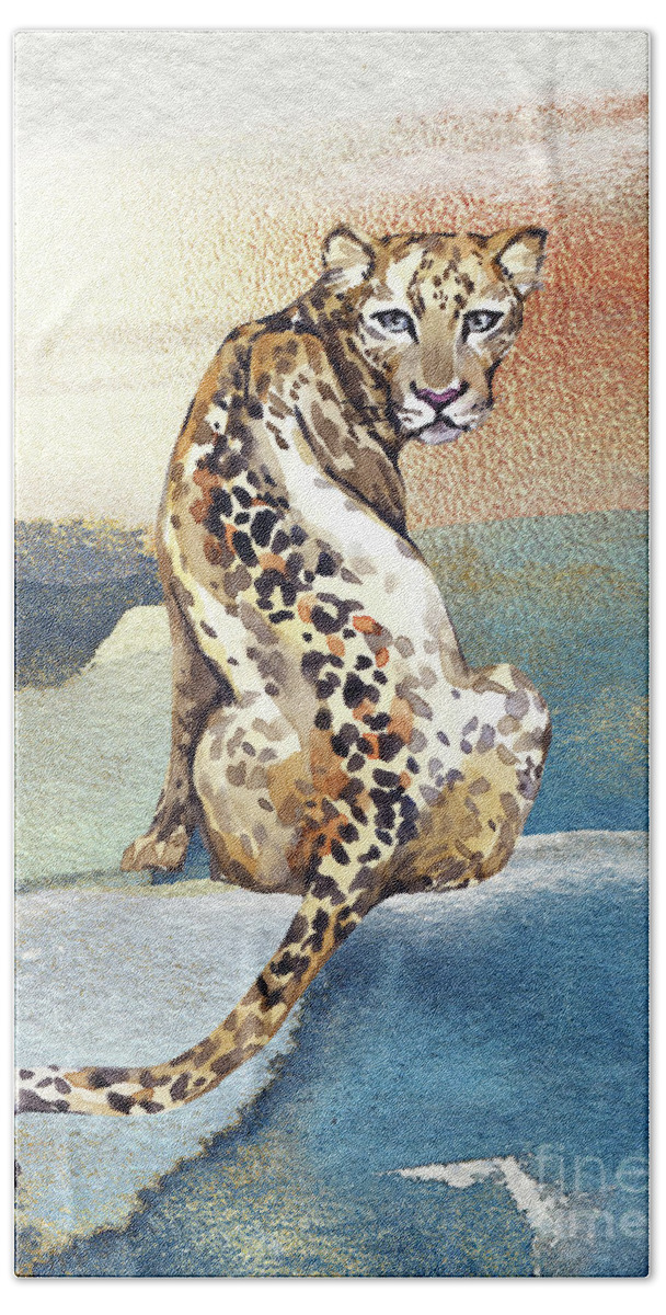 Leopard Bath Towel featuring the painting Leopard Watercolor Animal Art Painting by Garden Of Delights