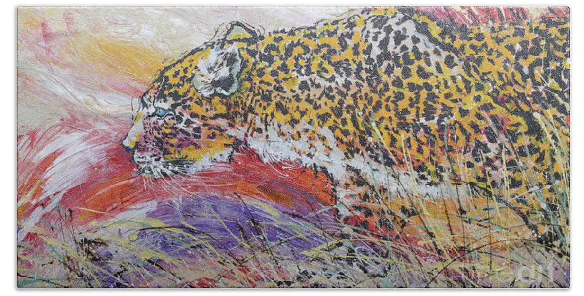 Leopard Bath Towel featuring the painting Leopard's Gaze by Jyotika Shroff