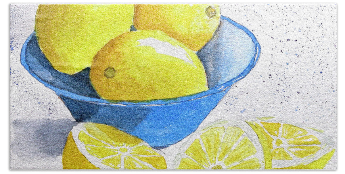 Lemon Bath Towel featuring the painting Let's Make Lemonade by Richard Stedman