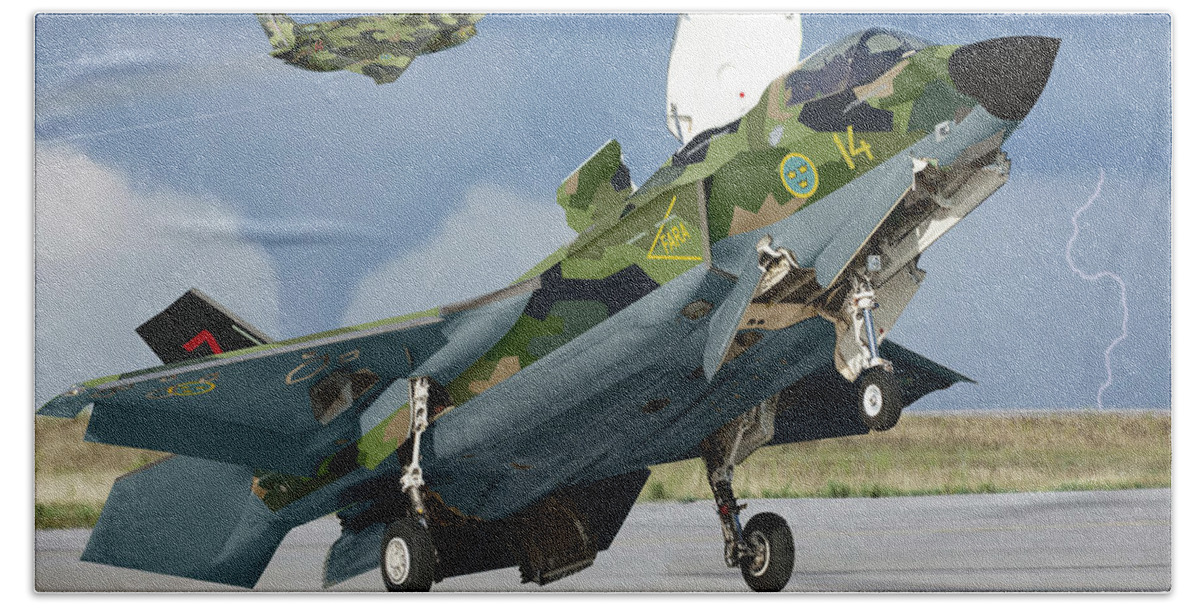 Lightning Bath Towel featuring the digital art License Built Saab F-35B by Custom Aviation Art