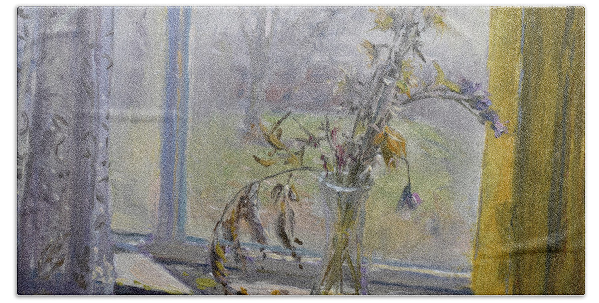 Still Life Hand Towel featuring the painting Life Between Curtans by Ylli Haruni