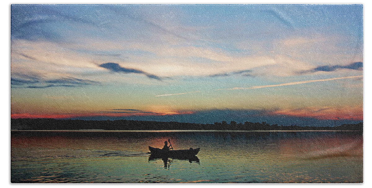 Lake Sunset Bath Towel featuring the photograph Life is but a Dream on a Kayak by Mary Walchuck