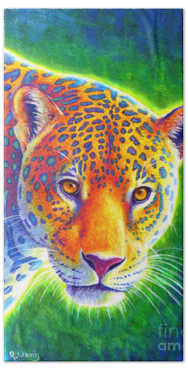 Jaguar Hand Towel featuring the painting Light in the Rainforest - Jaguar by Rebecca Wang