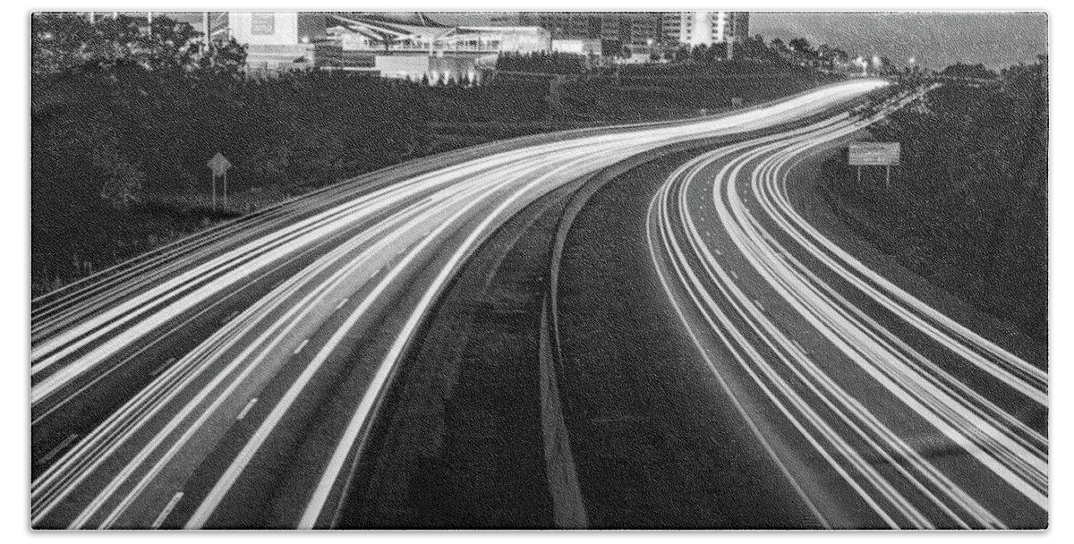 Northwest Arkansas Hand Towel featuring the photograph Light Trails Through Northwest Arkansas in Black and White by Gregory Ballos