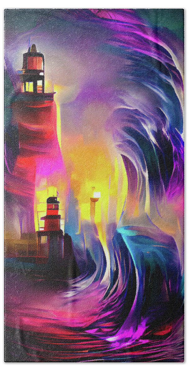 Lighthouse Bath Towel featuring the digital art Lighthouse 02 Huge Waves by Matthias Hauser