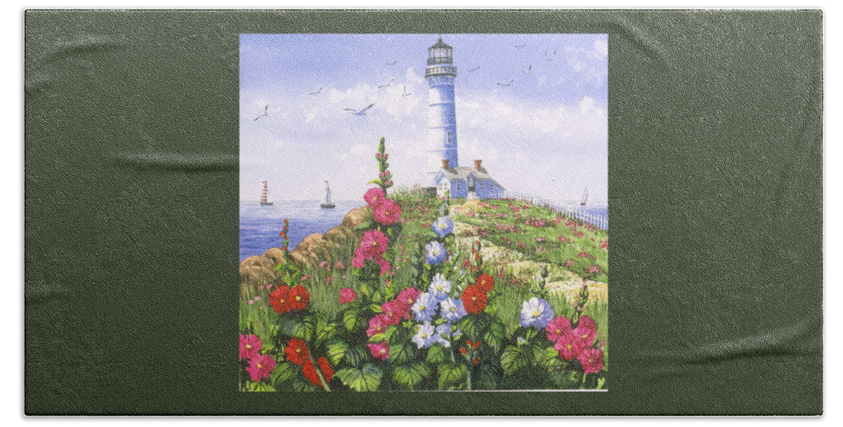 Lighthouse Bath Towel featuring the painting Lighthouse and Hollyhocks by Diane Phalen