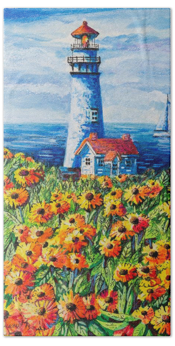 Lighthouse Bath Towel featuring the painting Lighthouse Vista by Diane Phalen