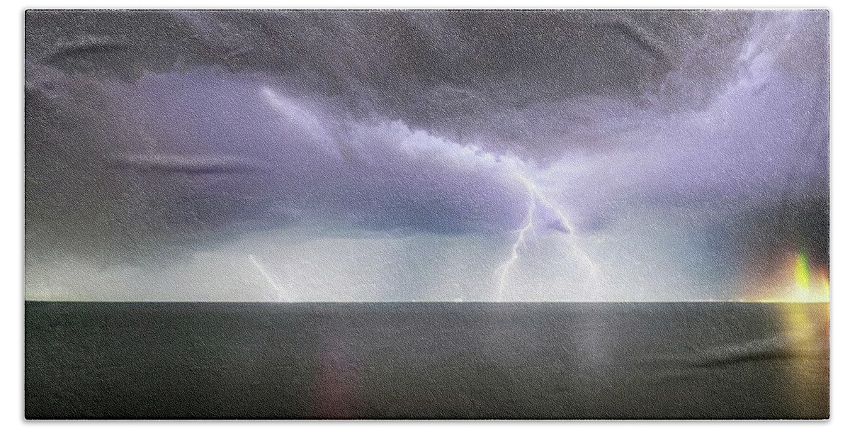 Lightning Bath Towel featuring the photograph Lightning On The Lake by Ally White
