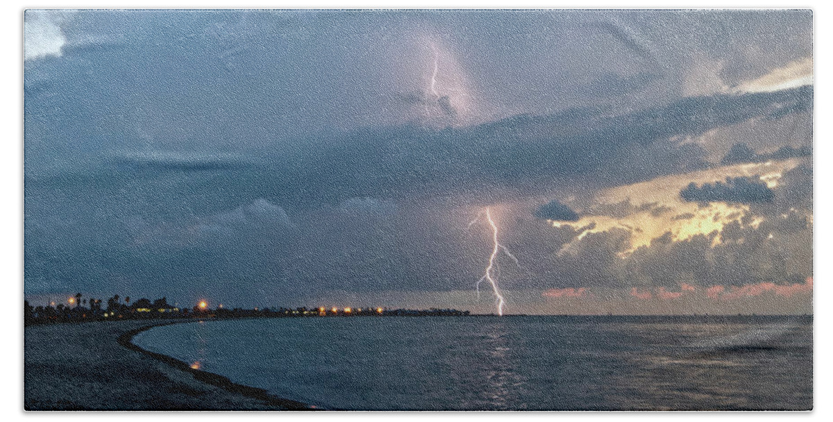 Rockport Bath Towel featuring the photograph Lightning over Rockport Beach by Ty Husak