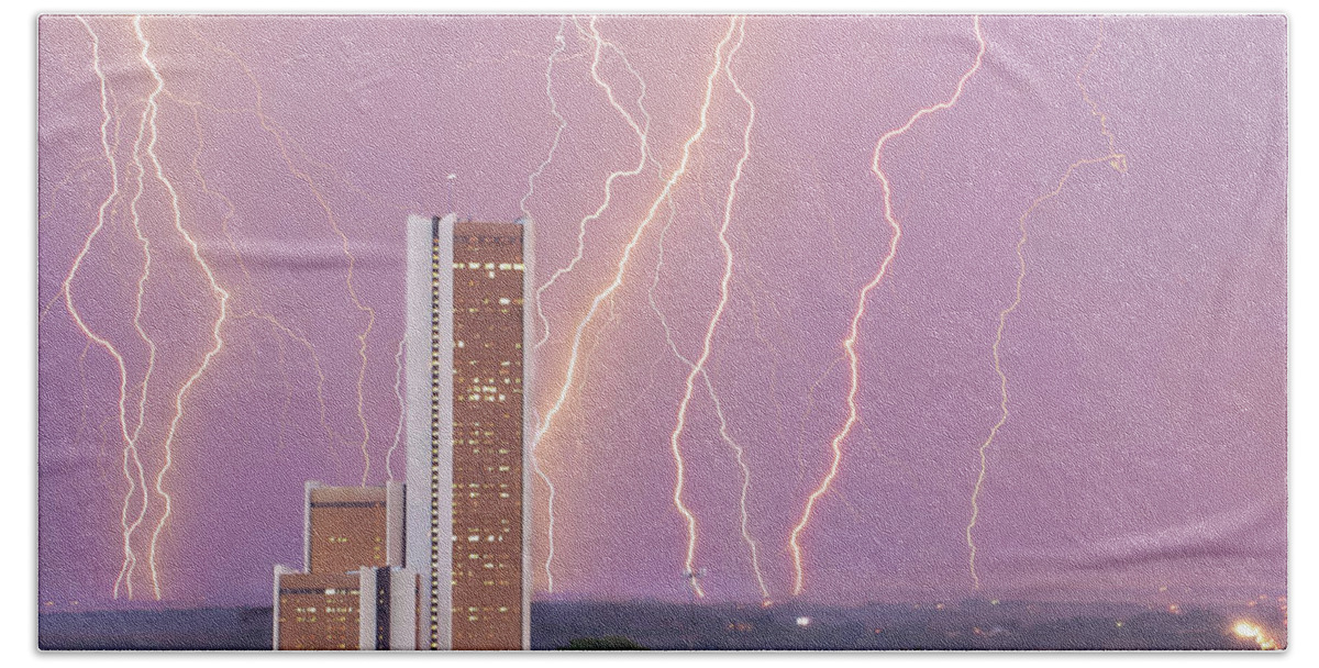 Tulsa Oklahoma Hand Towel featuring the photograph Lightning Strikes Over Tulsa CityPlex Towers by Gregory Ballos