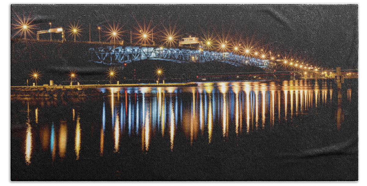 Coleman Bridge Hand Towel featuring the photograph Lights at Coleman Bridge by Lara Morrison