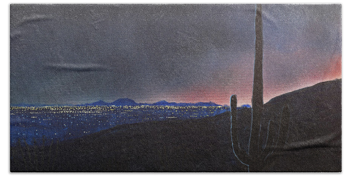 Tucson Hand Towel featuring the painting Lights of Tucson, Arizona with Saguaro Cactus by Chance Kafka