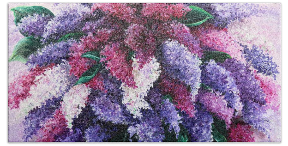  Lilacs Bath Sheet featuring the painting Lilac Time by Karin Dawn Kelshall- Best