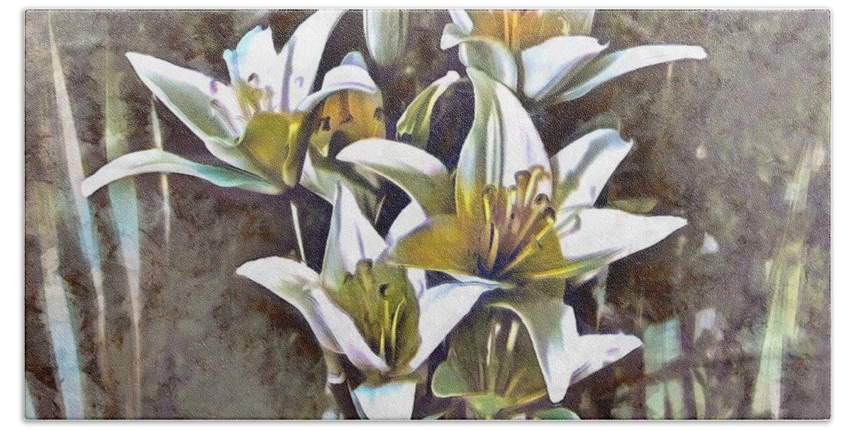 Lilies Bath Towel featuring the mixed media Lilies by Christopher Reed