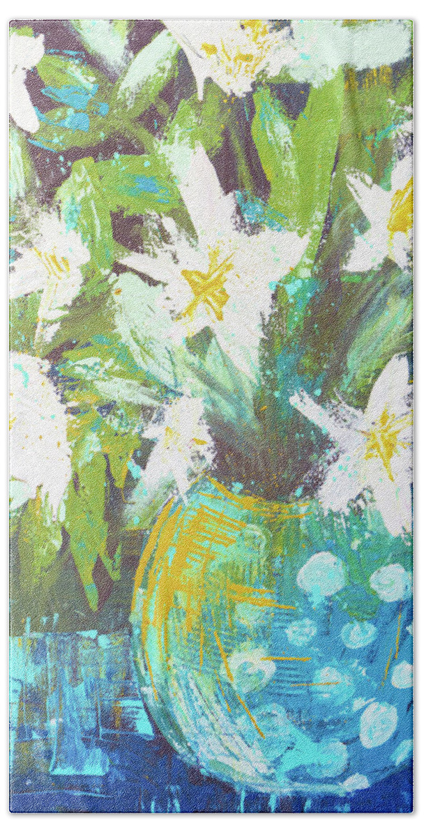 Lilies Hand Towel featuring the painting Lilies in Teal Polka Dots by Joanne Herrmann