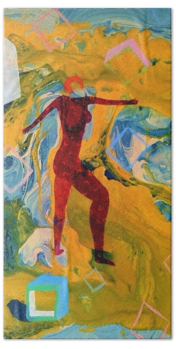 Lilly Romantic Model Nude Abstract Hollows Squares Posing Walking Designs Patterns Yellow Blue Orange Hair Arms Legs Stance Fantasy See-thru Performing Performance Solo Erotic Imagination Bath Towel featuring the painting Lilly by David MINTZ