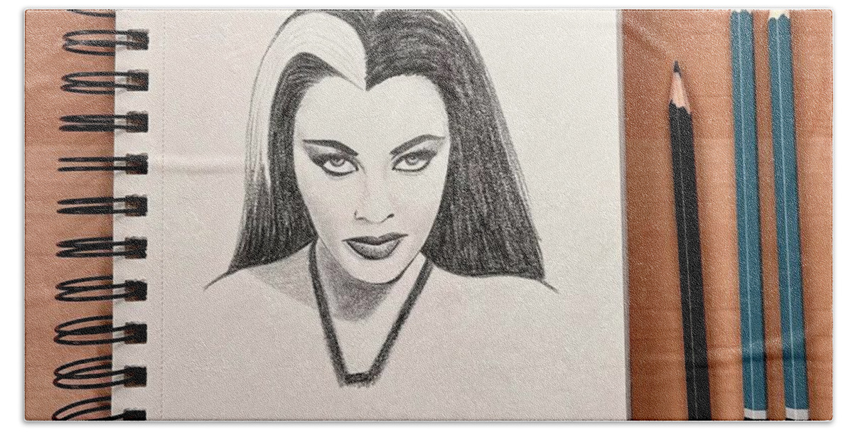  Bath Towel featuring the drawing Lily Munster by Donna Mibus