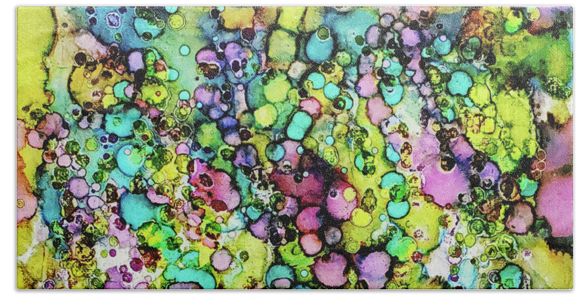 Alcohol Ink Bath Towel featuring the mixed media Lime green, pink and aqua blue by Karla Kay Benjamin