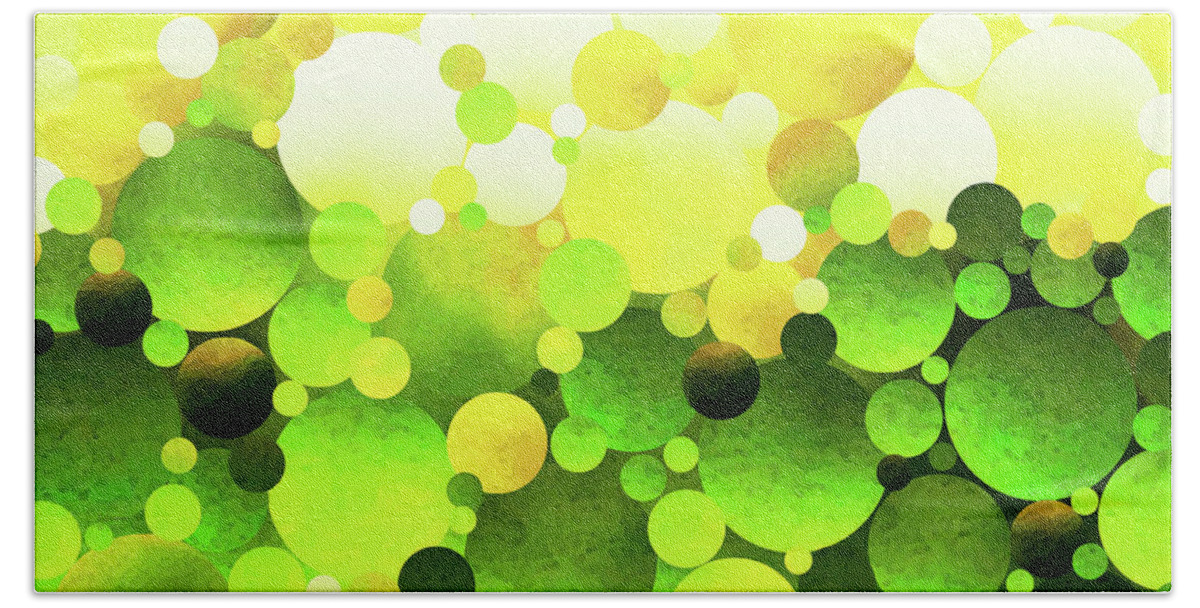 Green Bath Towel featuring the painting Limon - Green And Yellow Abstract Circle Art by Sharon Cummings