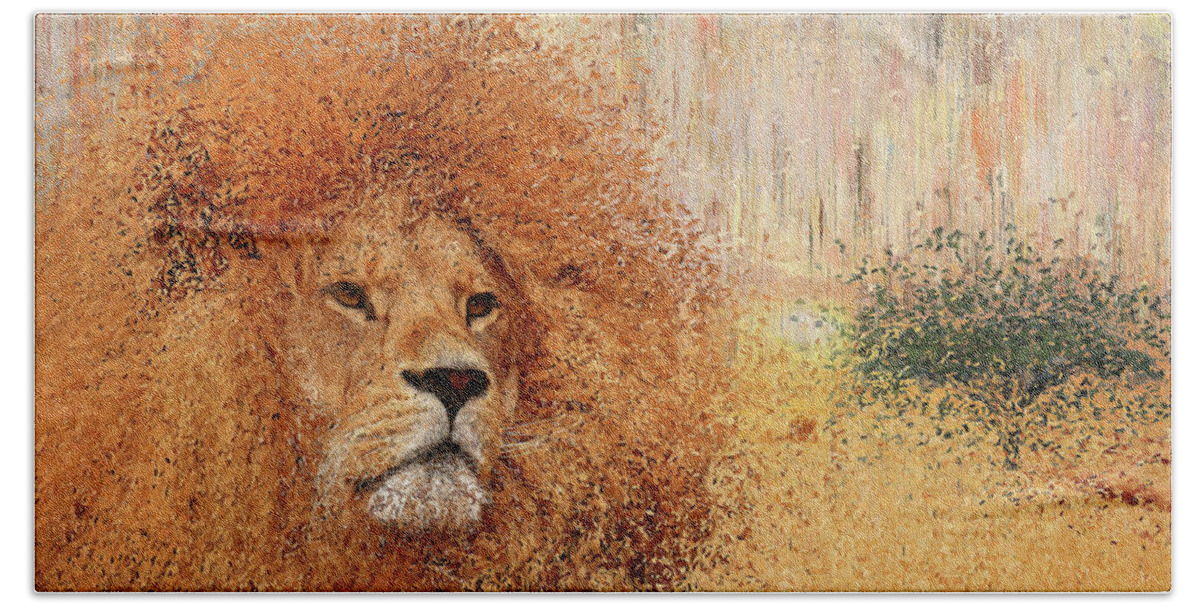 Lion Hand Towel featuring the painting Lion by Alex Mir