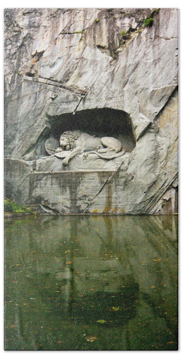Lion Bath Towel featuring the photograph Lion Monument of Lucerne by Two Small Potatoes