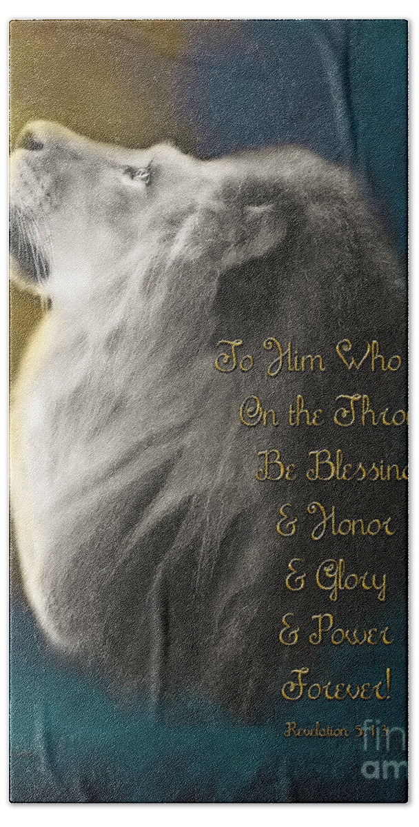 Lion; Judah; Worship; Prophetic; Revelation; Jesus; Christ; Throne; Adoration; Praise; Father; Abba; Lion Of Judah Art Bath Towel featuring the painting Lion On The Throne in Aqua by Constance Woods