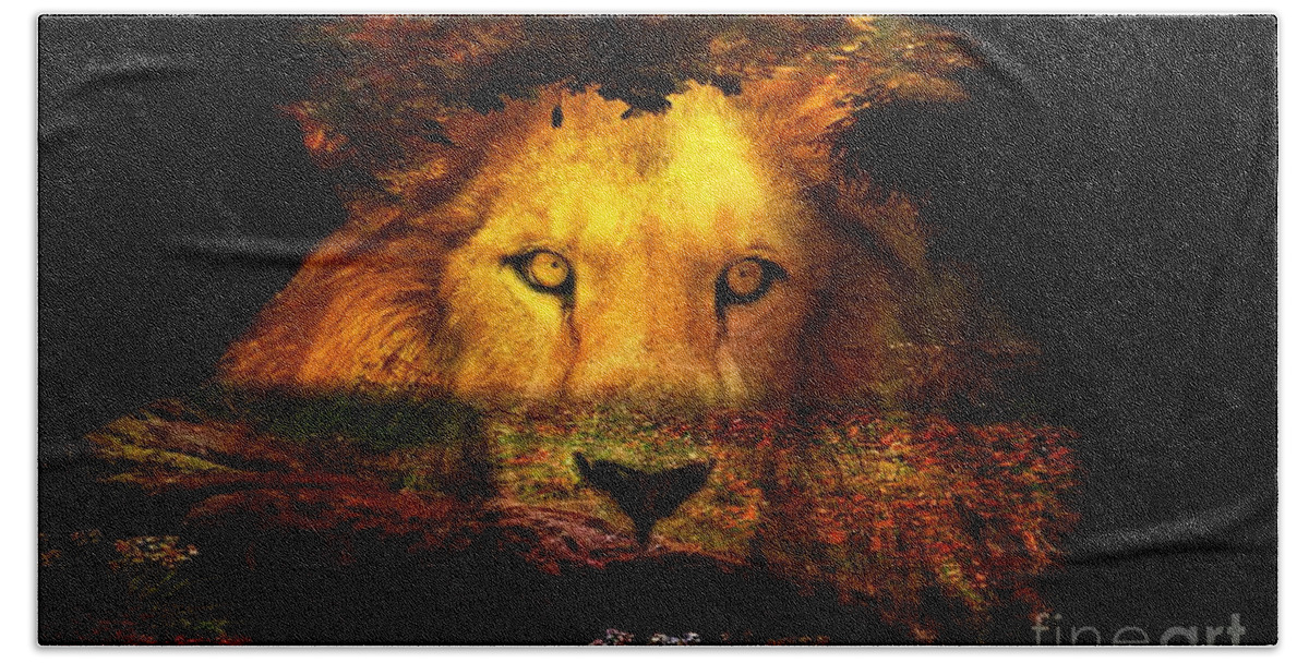 Animal Hand Towel featuring the digital art The Lion Watches by Aurelia Schanzenbacher