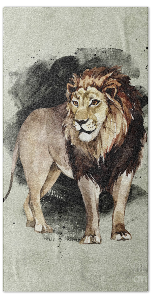 Lion Hand Towel featuring the painting Lion Watercolor Animal Art Painting by Garden Of Delights