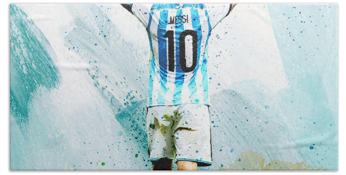 Messi Hand Towel featuring the painting Lionel Messi 92ui by Gull G