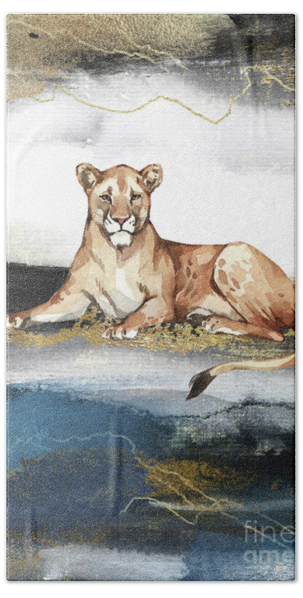 Lioness Hand Towel featuring the painting Lioness Watercolor Animal Art Painting by Garden Of Delights