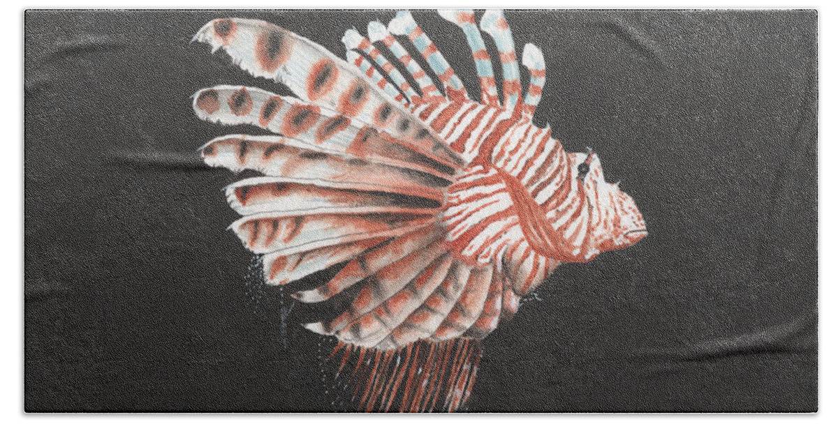 Lionfish Hand Towel featuring the painting Lionfish by Bob Labno