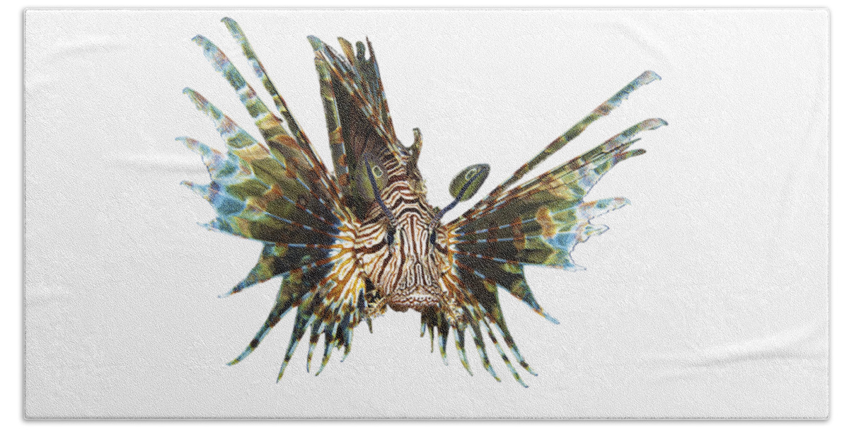 Abstract Hand Towel featuring the mixed media Lionfish - Close and intense - Reduced to the MAX - by Ute Niemann