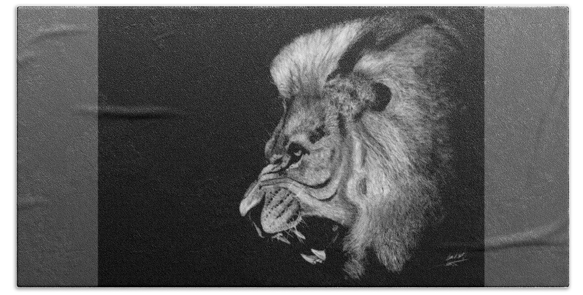 Lion Bath Towel featuring the drawing Lion's Fury by James Schultz