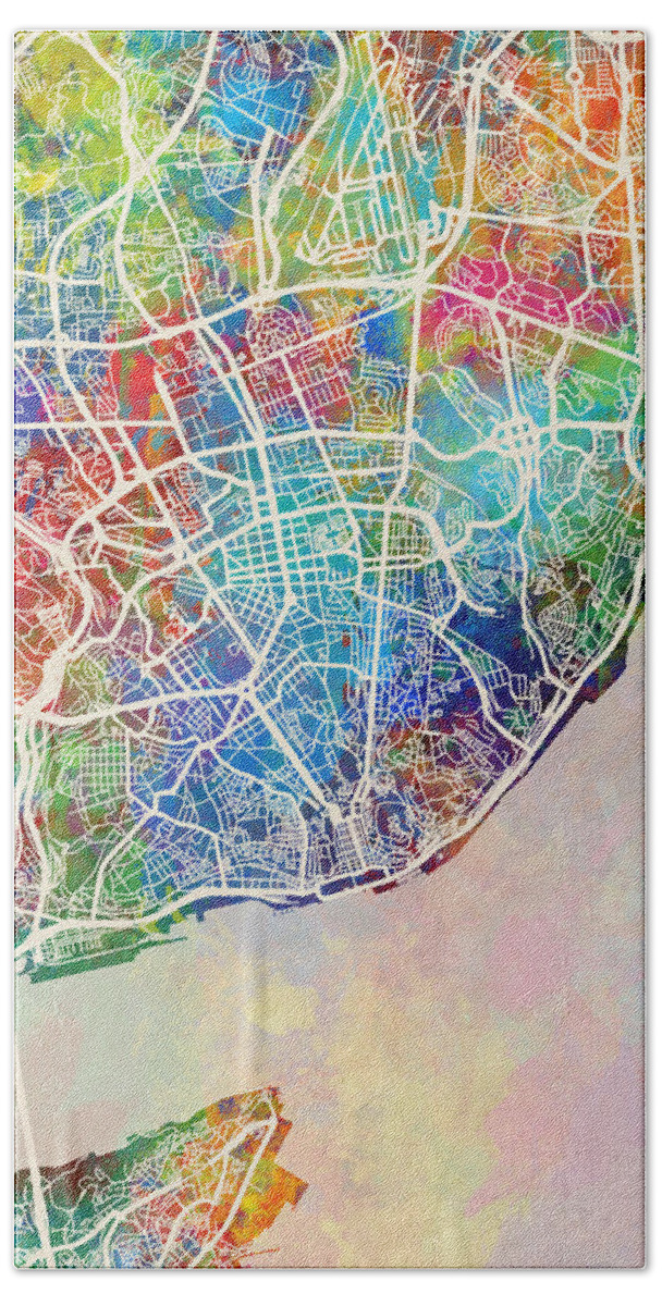 Lisbon Hand Towel featuring the digital art Lisbon Portugal City Map by Michael Tompsett