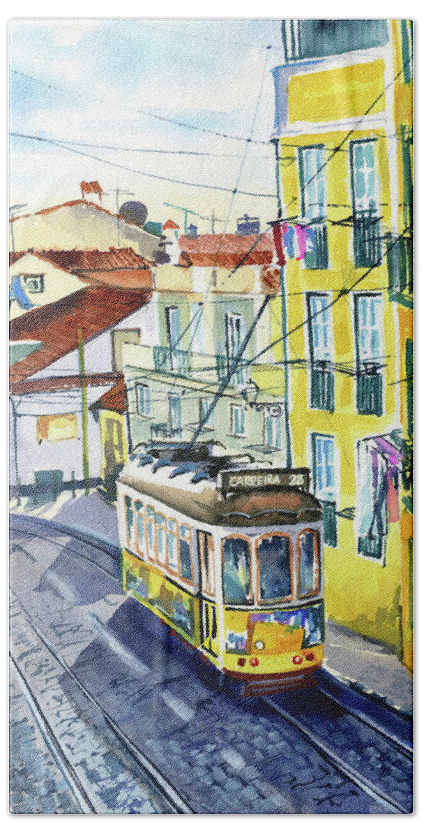Lisbon Bath Towel featuring the painting Lisbon Tram 28 Painting by Dora Hathazi Mendes
