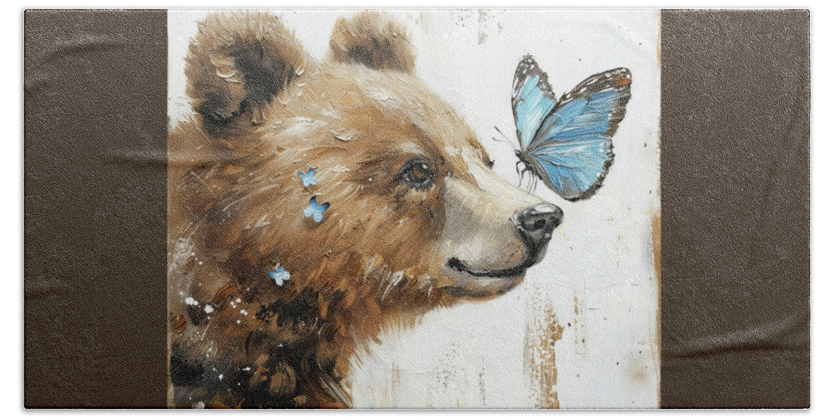Brown Bear Bath Towel featuring the painting Little Bear And The Butterfly by Tina LeCour