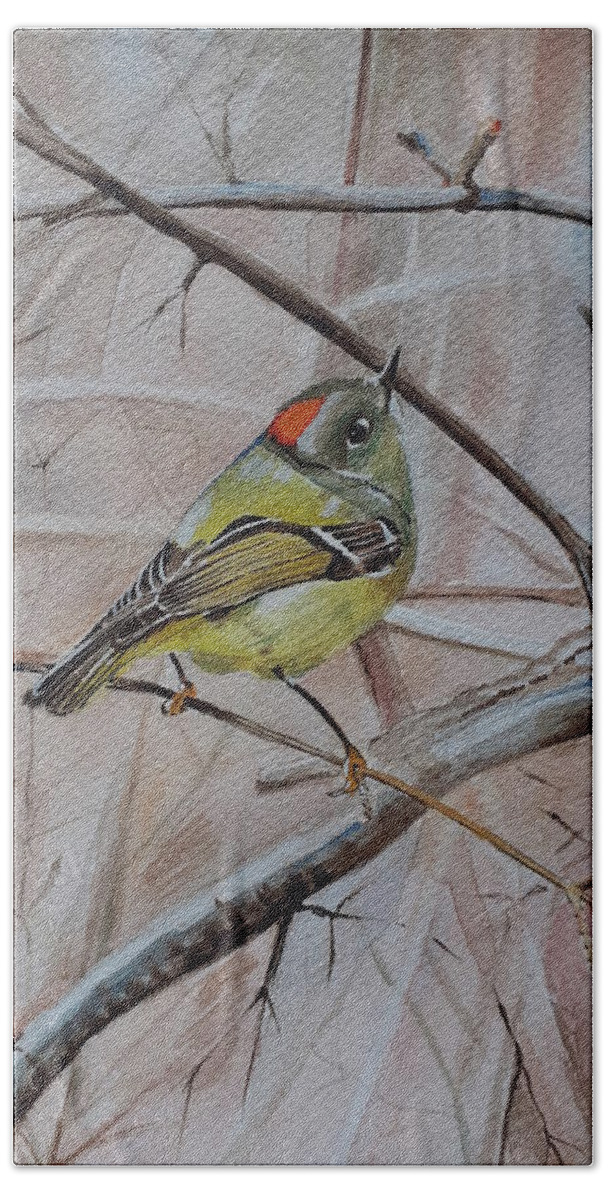 Bird Bath Towel featuring the painting Little bird resting on a branch by Carolina Prieto Moreno