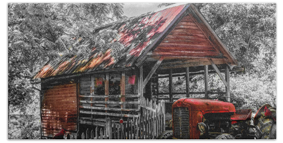 Barns Bath Towel featuring the photograph Little Country Cabin Black and White and Red by Debra and Dave Vanderlaan