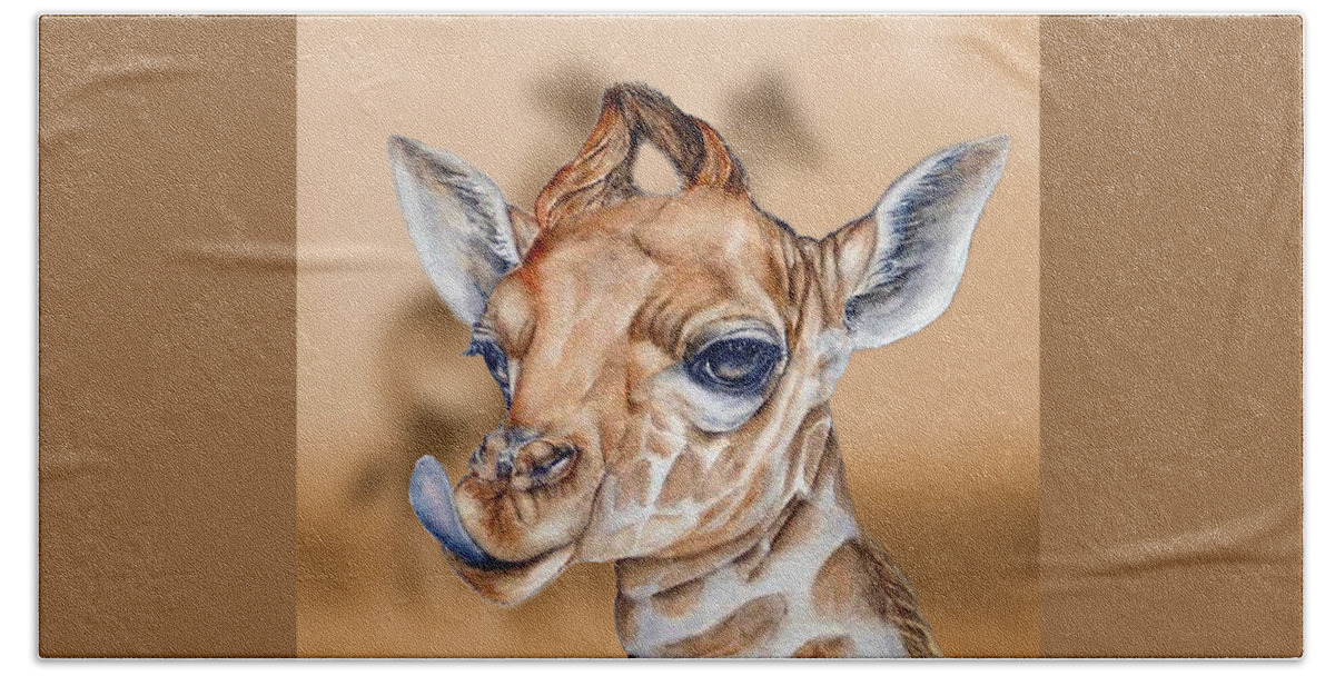 Giraffe Bath Towel featuring the mixed media Little Giraffe's Close-up by Kelly Mills