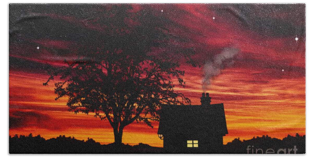Little House At Sunset Hand Towel featuring the painting Little House At Sunset by Two Hivelys