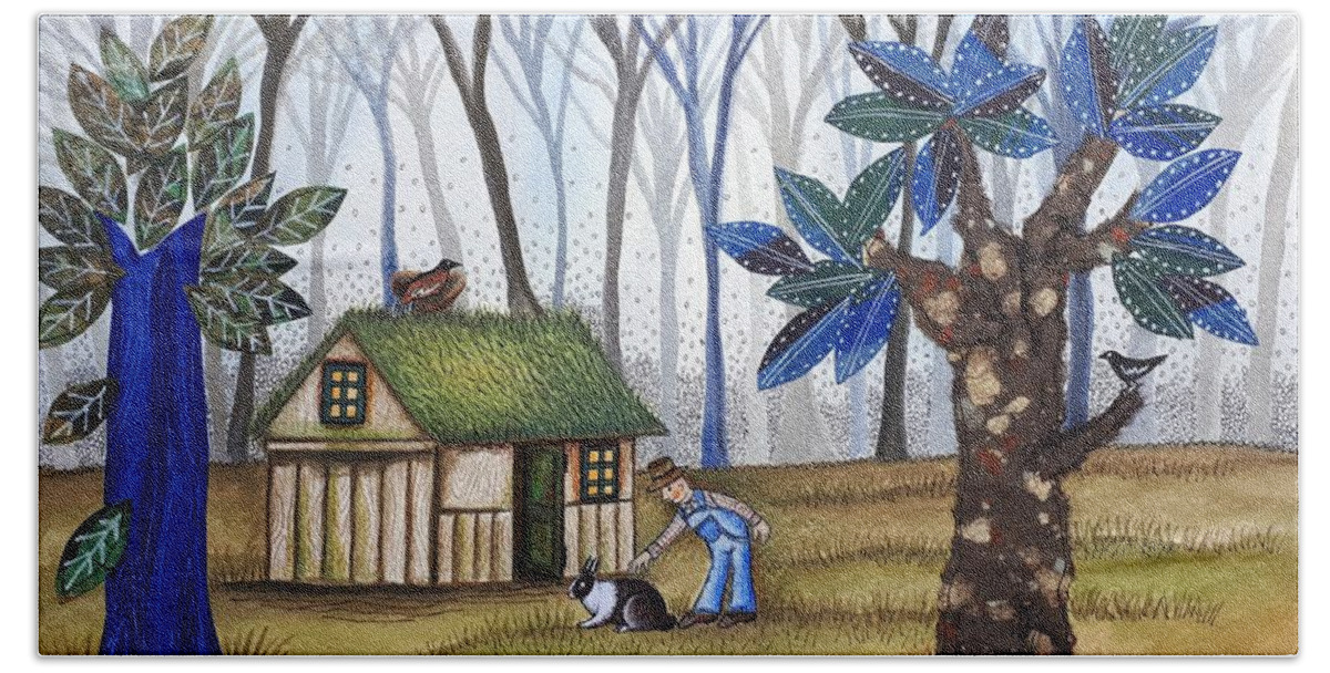 Forest Hand Towel featuring the painting Little House in Blue Forest by Graciela Bello