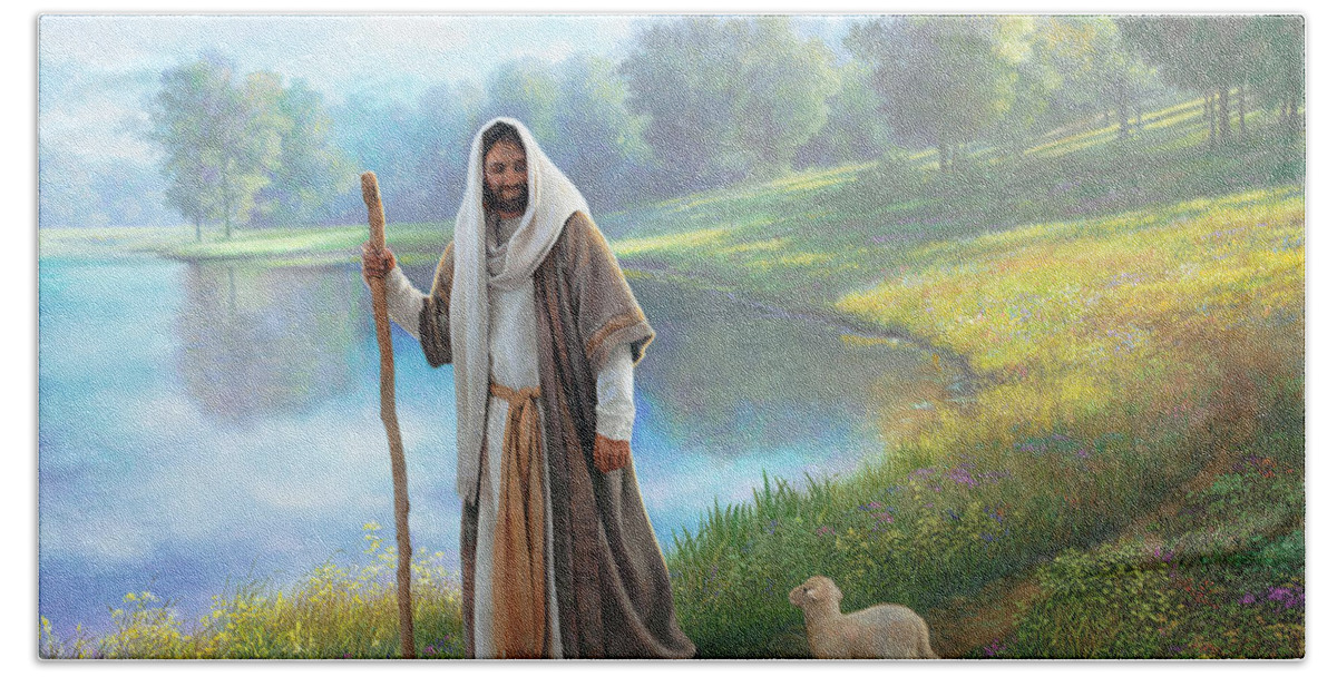 Jesus Hand Towel featuring the painting Little Lamb by Greg Olsen