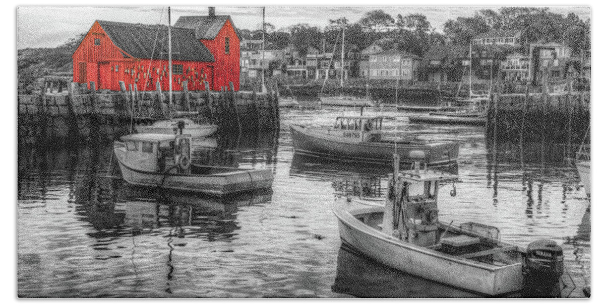 Red Fishing Shack Hand Towel featuring the photograph Little Red Rockport Fishing Shack - Motif #1 Selective Color by Gregory Ballos