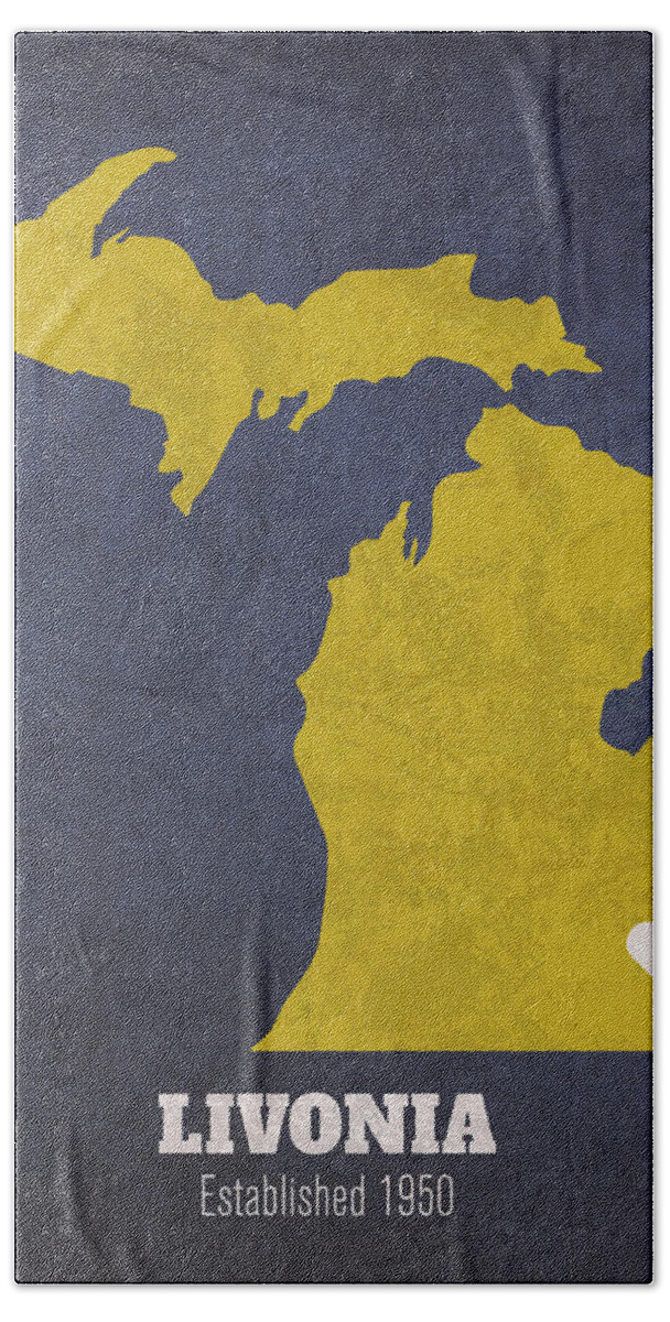 Livonia Hand Towel featuring the mixed media Livonia Michigan City Map Founded 1950 University of Michigan Color Palette by Design Turnpike