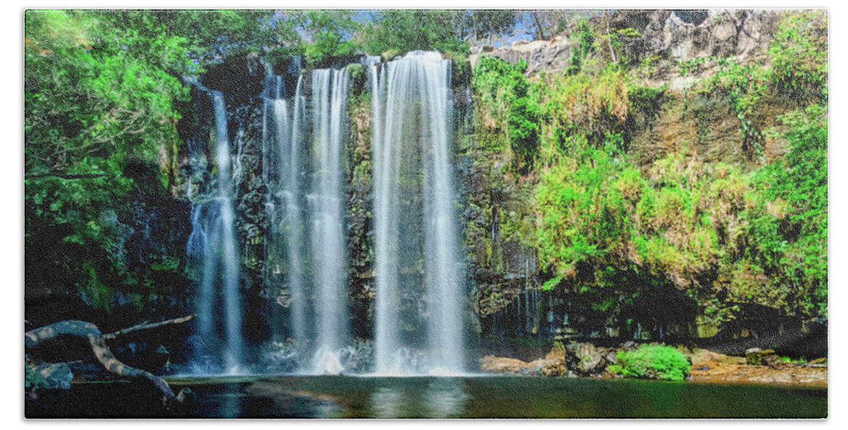 Waterfall Bath Towel featuring the pyrography Llanos de Cortez Waterfall by Joseph Miko
