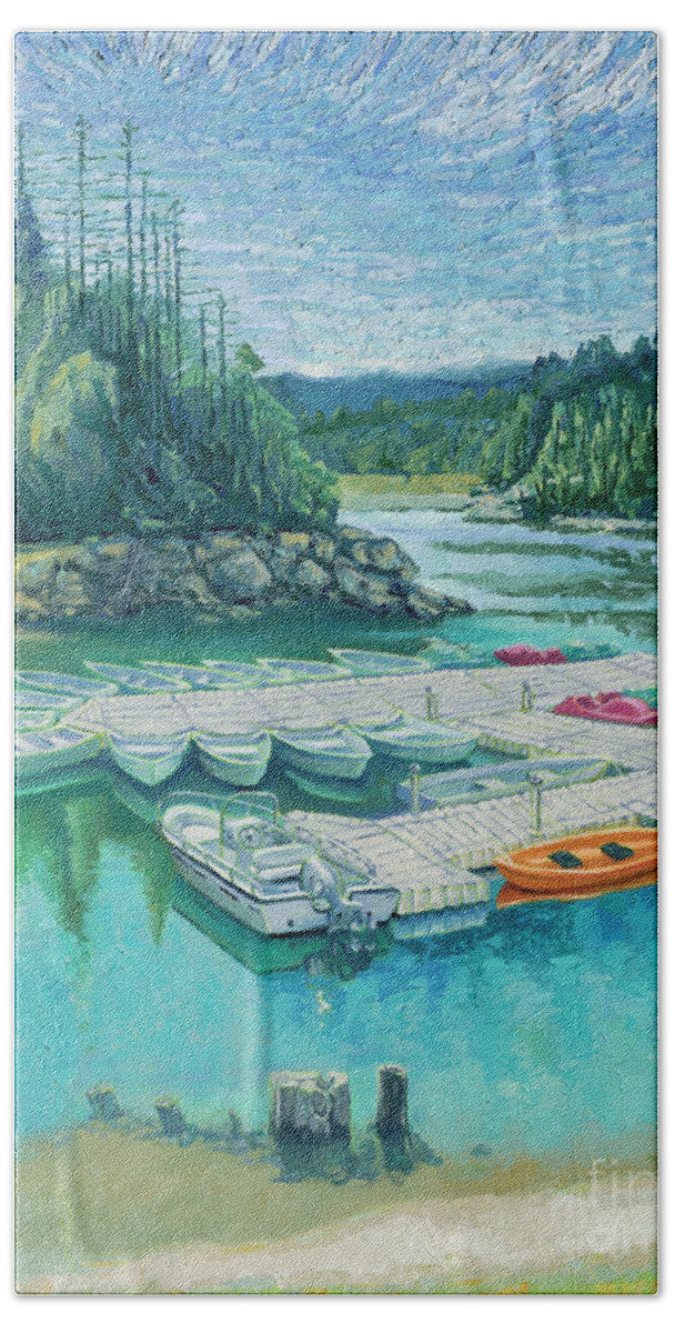 Kayak Bath Towel featuring the painting Loch Lomond Marina by PJ Kirk