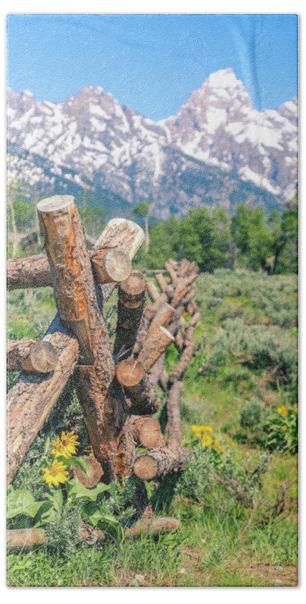 Log Fence Flowers In The Tetons Bath Towel featuring the photograph Log Fence Flowers In The Tetons by Dan Sproul
