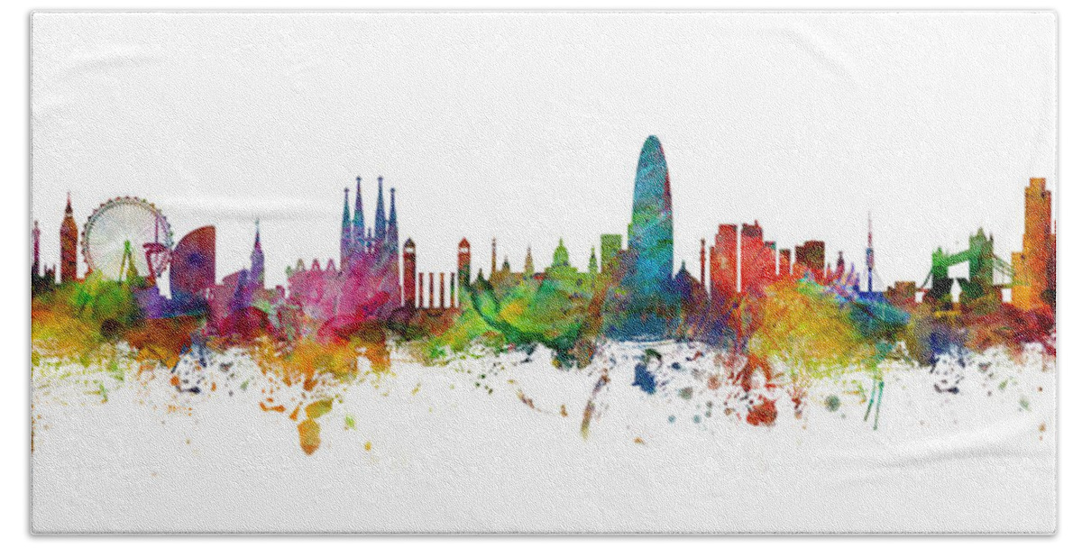 Barcelona Hand Towel featuring the digital art London - Barcelona - London, Skylines Mashup by Michael Tompsett