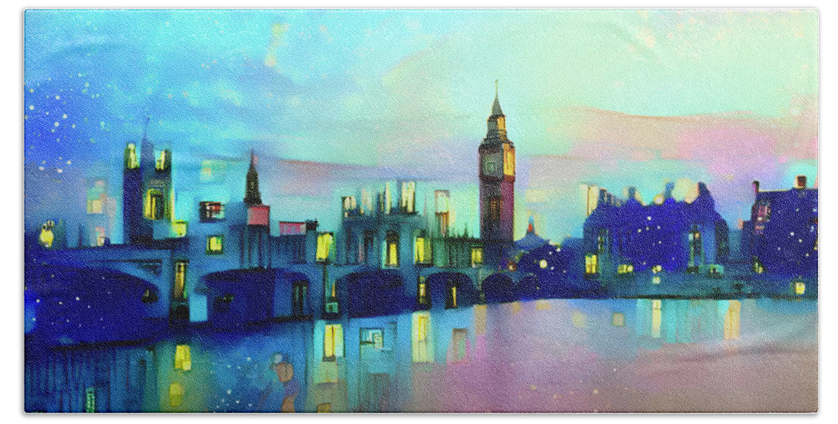 London Bath Towel featuring the mixed media London Skyline At Night by Deborah League